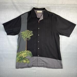 Tommy Bahama Shirt Mens Large Black 100% Silk Camp Collar Palm Tree Leaf Button